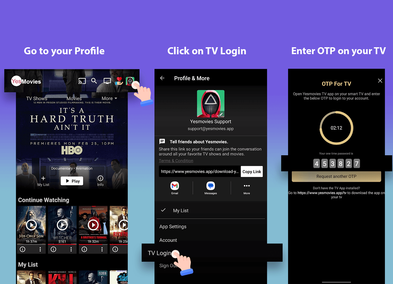 MovieBoxPro TV login using OTP code from mobile phone